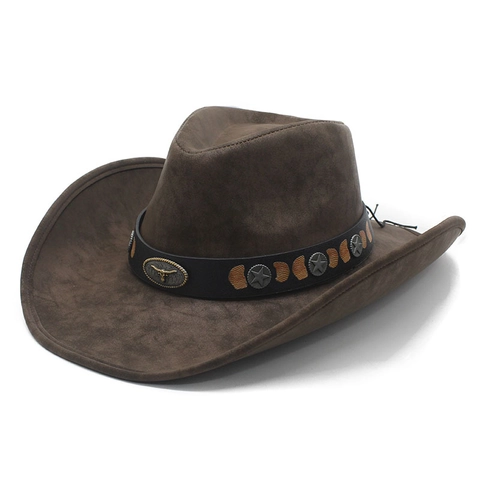 Western Cowboy Hat Vintage Faux Suede Wide Brim Bull Head Metal Badge Star Rivets Ethnic Style Outdoor Travel Accessory
