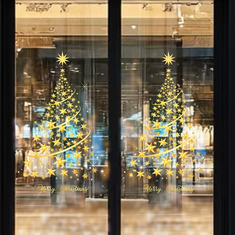 Christmas Window Sticker Static Cling Golden Star Tree Merry Christmas Double Sided PVC Glass Decor