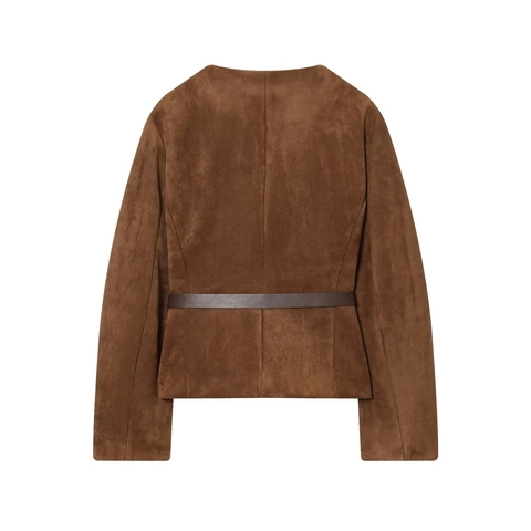 Chaqueta Corta De Gamuza Sintética Para Mujer Cuello Redondo Manga Larga Blazer Elegante Color Sólido Con Cinturón Botones Metálicos