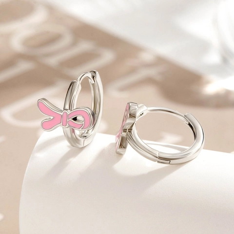 Pink Enamel Bow Huggie Hoop Earrings Brass Ribbon Dangle Sweet Cute Jewelry Gift For Women Girls