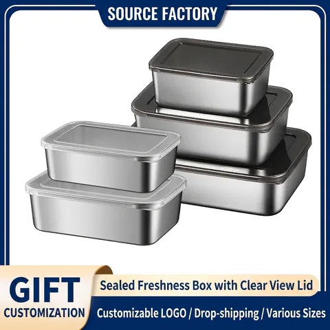Stainless Steel Food Storage Container With Lid Multi-size Sealed Bento Box Kitchen Refrigerator Fresh-keeping Metal Box