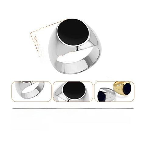 Anello Sigillo Vintage in Acciaio al Titanio Per Uomo Donna Smalto Nero Tondo Quadrato Ovale Oro Argento Placcato Hip Hop Gioielli