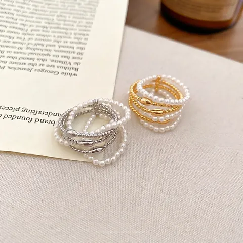 French Retro Multi Layer Beaded Ring Imitation Artificial Pearl Gold Plated Copper Open Adjustable Minimalist Jewelry For Women