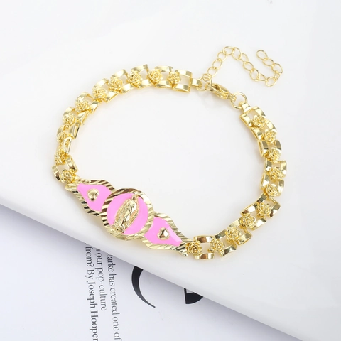 Religious Virgin Mary Guadalupe Pendant Bracelet 18K Gold Plated Copper Rose Flower Heart Link Enamel Jewelry For Women