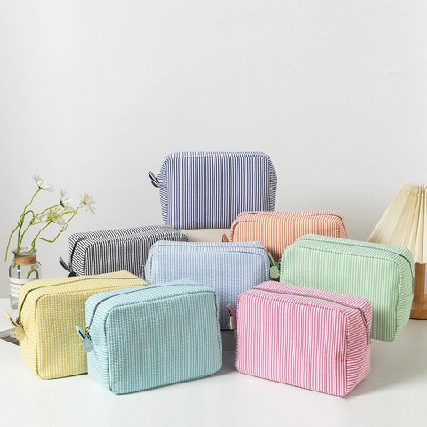 Borsa Cosmetica Righe Seersucker Grande Capacità Organizer Toilette Viaggio Astuccio Trucco Righe Verticali