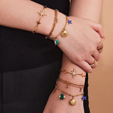 Edelstahl Ozean Thema Charme Armband Fußkettchen Für Frauen Vergoldet Stern Zirkon Emaille Oktopus Seestern Schmuck