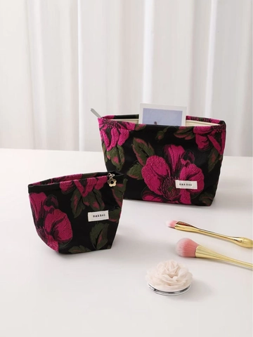 Jacquard Blumen Kosmetiktasche Vintage Tragbare Reise Kulturbeutel Reißverschluss Make Up Organizer Damen Retro