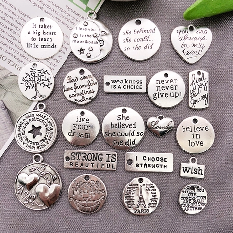 Alloy Charms Pendants Motivational English Quotes Retro Silver For Jewelry Making Bracelet DIY Crafts Letter Word Tags
