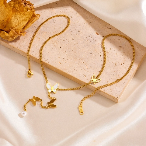 Schmetterling Edelstahl Halskette Und Ohrringe Mit Perlmutt Quaste Mode Eleganter Schmuck Für Damen Gold