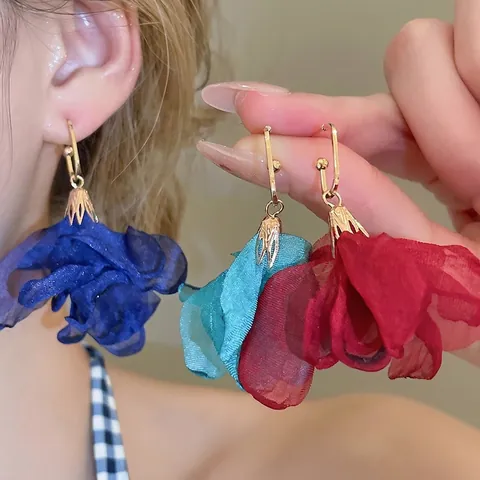 Grandi Orecchini Pendenti In Tessuto Chiffon A Fiore Con Perno In Argento Gioielli Floreali Eleganti Da Donna