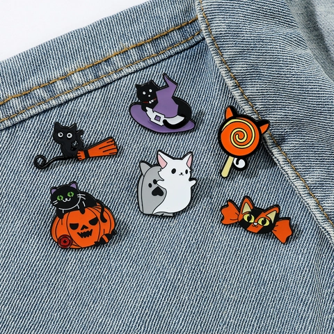 Halloween Gatto Smalto Pin Lega Spilla Zucca Cappello Da Strega Distintivo Cartone Animato Per Vestiti Zaino Accessori Regalo