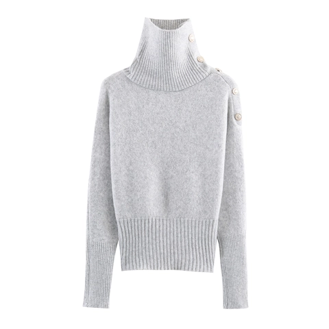 Dames Gebreide Trui Met Col Lange Mouwen Schouderknopen Ribgebreide Pullover Elegant Casual