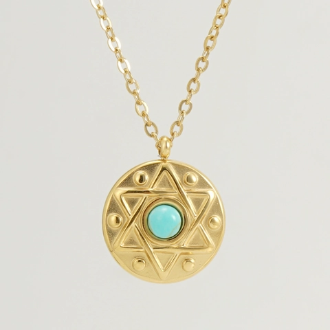 Collier Pendentif Hexagramme Étoile De David Acier Inoxydable Plaqué Or 18K Turquoise Disque Rond Bijoux Minimalistes Femmes