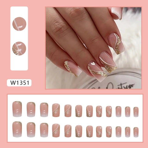 Press On Nägel Künstliche Nägel Französischer Farbverlauf Rosa Weiß Gold Glitzer Herz Sarg Quadrat Mittel Lang Für Damen