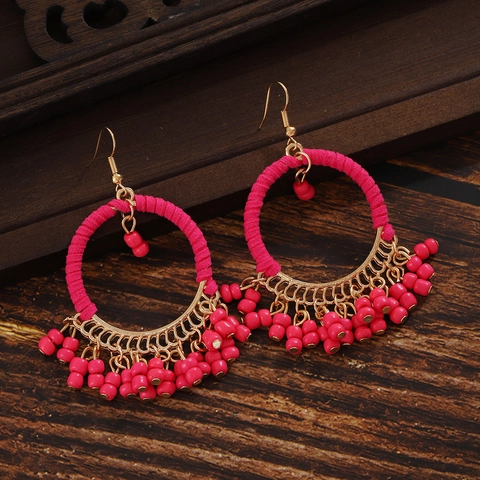 Bohemian Round Hoop Earrings Handmade Cotton Woven Seed Beads Tassel Ethnic Vintage Women Stainless Steel Earring Post