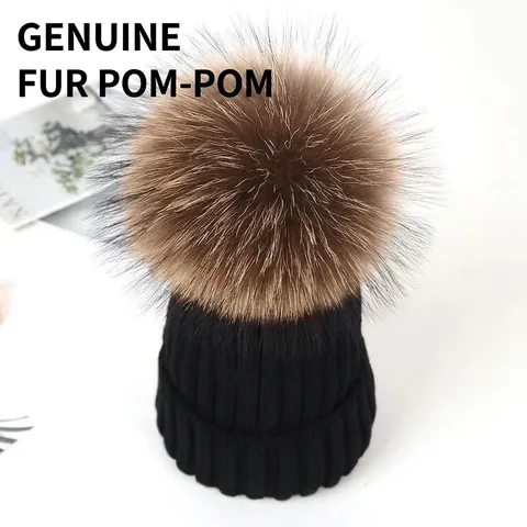 Winter Knitted Beanie Hat Large Real Raccoon Fur Pom Pom Warm Thick Ribbed Cuff Skull Cap For Women Kids