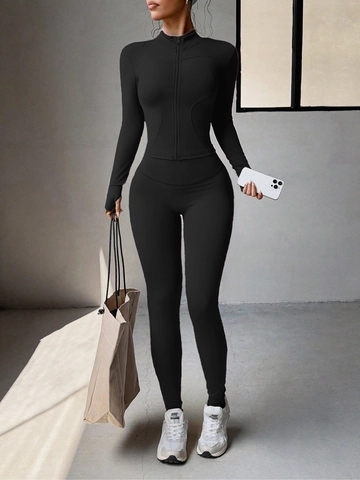 Damen Yoga Jacke Und Leggings Langarm Reißverschluss Oberteil Hohe Taille Hose Polyamid Elasthan Sportlich Gym Workout