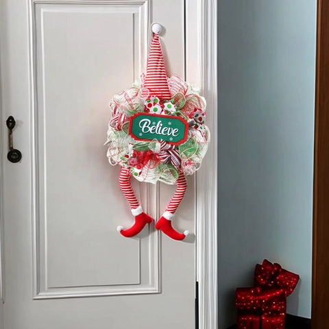 Weihnachts Elf Kranz Dekoration Mit Believe Schild Rot Weiß Gestreift Netzstoff Für Haustür Wandbehang