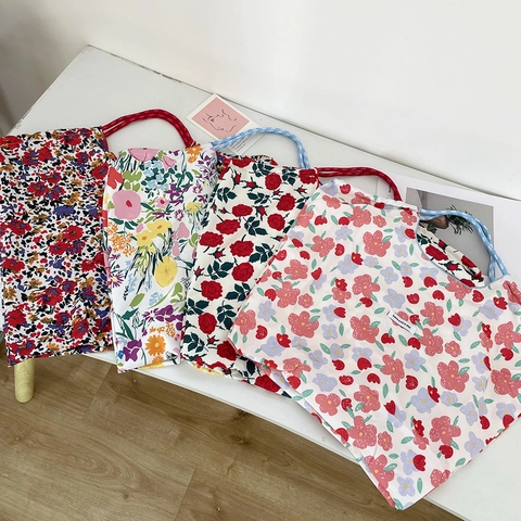 Borsa Tote In Tela Floreale Grande Capacità Borsa A Tralla Con Coulisse Stile Pastorale Fresco Borsa A Mano Da Donna Con Manico In Corda Intrecciata