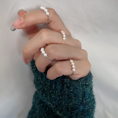 Elegant Copper Artificial Pearl Open Adjustable Band Ring For Women Gold Platinum Color Nephrite Jade Inlaid Jewelry Accessory Gift