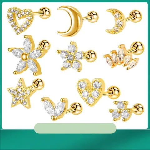 Orecchini Cartilagine Con Zirconia Perno In Acciaio Inossidabile Luna Stella Cuore Forma Piercing A Vite Moda Donna