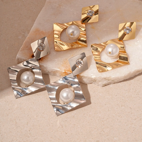 Geometric Drop Earrings With Imitation Artificial Pearl And Zircon Copper Body Silver Earring Post Oversized Irregular Style For Women