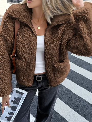 Chaqueta De Piel Sintética Para Mujer Forro Polar Teddy Manga Larga Cremallera Color Sólido Elegante Abrigo Corto