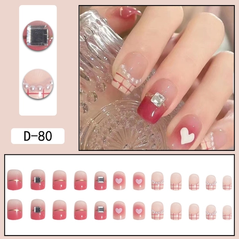 Pink Verlauf Press On Nägel Quadratisch Kurz Schachbrett Herz Künstliche Perle Strass Falsche Nägel Für Frauen Süß Cool Stil