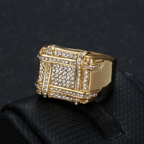 Men Square Signet Ring Stainless Steel Full Rhinestone Iced Out Hip Hop Style Geometric Band For Men