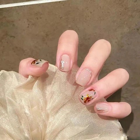 Uñas Postizas Florales Patrón De Flores De Esmalte Corto Cuadrado Redondo Brillante Uñas Artificiales Elegante Dulce Estilo Vintage Para Mujeres