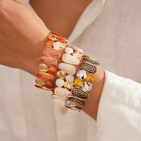 Bracciale Largo In Lega Retro Bohemian Con Smalto A Goccia Olio E Strass Elastico Splicing Gioielli Geometrici Per Donna