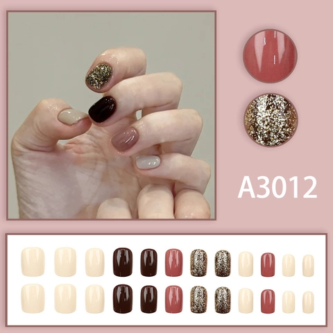 Short Square Press On Nails Glossy Caramel Deep Brown Beige Pink Gold Glitter Contrast Color Chic Elegant Winter Style