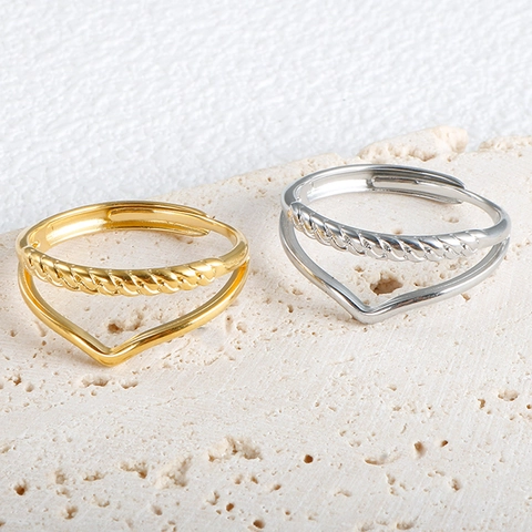Fashion Stainless Steel V Shape Wave Heart Feather Adjustable Open Rings For Women Gold Silver Plated Elegant Jewelry Accessory