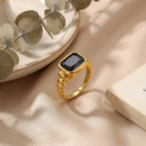 Anello In Acciaio Inossidabile Vintage Francese Pietra Di Vetro Rettangolare Texture Torta Cinturino In Corda Gioielli Di Moda Per Donne