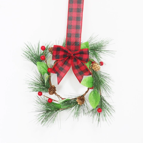 Ghirlanda Natale Decorazione Sospesa Aghi Pino PVC Bacche Pigne Naturali Fiocco Quadri Decorazione Rustica Casa
