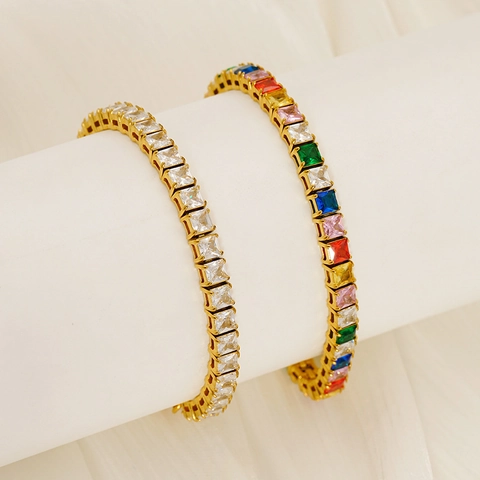 Luxury Colorful Square Zircon Tennis Bracelet Stainless Steel Gold Plated Adjustable Link Chain Jewelry For Women