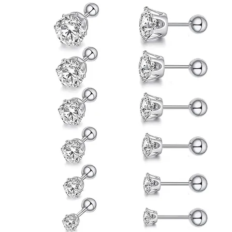 Orecchini a Bottone in Acciaio Inossidabile con Zirconia Rotondi Geometrici Chiusura a Vite Gioielli Piercing Unisex