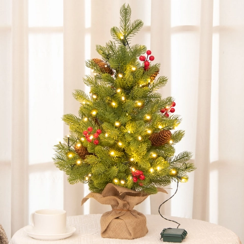 Mini Künstlicher Weihnachtsbaum Tischdeko Warme LED Lichter Zapfen Beeren Sackleinen Basis Festliches Haus Ornament