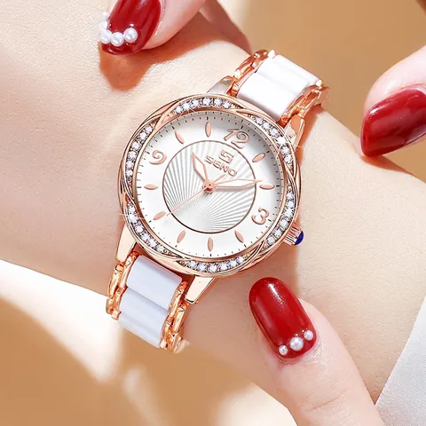 Montre À Quartz Élégante Pour Femmes Lunette En Strass Bracelet En Céramique Et Alliage Boucle Papillon Cadran Rayonnant