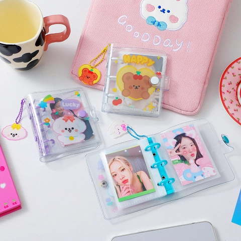 Kawaii Cartoon Bear Bunny Transparent PVC Mini 3-Hole Loose-leaf Photo Album With Acrylic Pendant Star Photocard Storage Binder