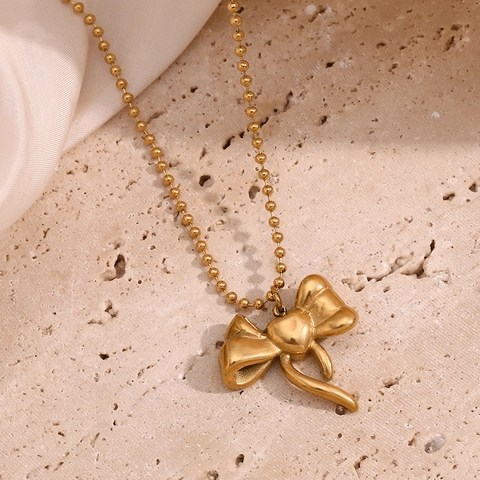 Süße Schleife Herz Anhänger Halskette 18K Vergoldeter Edelstahl Kugelkette Mode Schmuck Für Damen