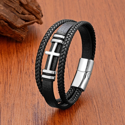 Bracciale Da Uomo In Pelle Intrecciata Multistrato Con Ciondolo A Croce In Acciaio Inossidabile E Chiusura Magnetica