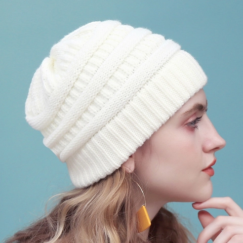 Women Solid Color Knit Beanie Hat Winter Warm Acrylic Ribbed Cuff Skull Cap Minimalist Daily Outdoor Headwear