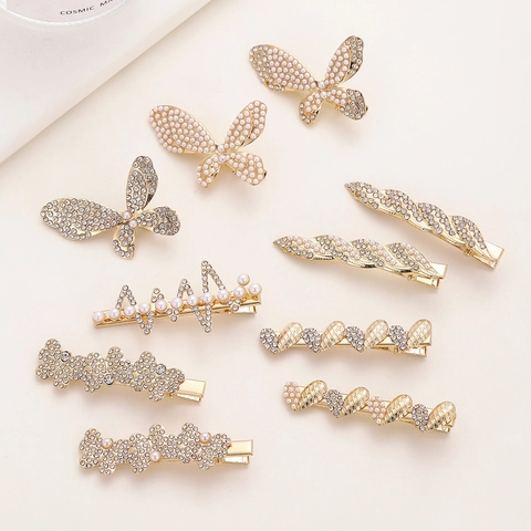Korean Fashion Hair Clips Alloy Imitation Artificial Pearl Rhinestone Heart Butterfly Geometric Side Duckbill Barrette For Women Girls Elegant Trendy Accessory