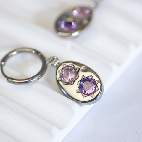 Vintage Roestvrijstalen Hangoorbellen Met Roze En Paarse Edelstenen Ovaal Ster Detail Geometrische Sieraden Voor Dames