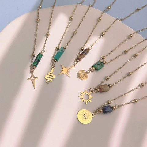 Collana Pendente In Pietra Naturale Acciaio Inossidabile Placcato Oro Bohemien Serpente Stella Sole Occhio Per Donne