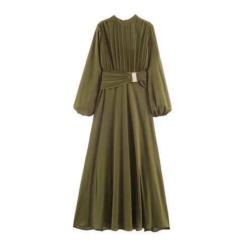 Elegante Abito Maxi In Chiffon Verde Militare Pieghettato Maniche Lunghe A Lanterna Vita Alta Linea A Sera Con Fibbia Strass
