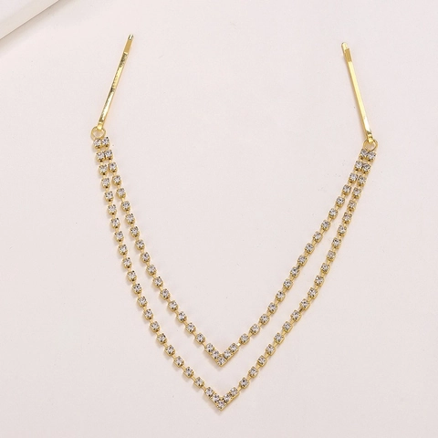 Cadena De Pelo De Novia Elegante De Aleación Estrás Doble Capa Borla En V Pinzas Para El Cabello Para Boda Mujeres