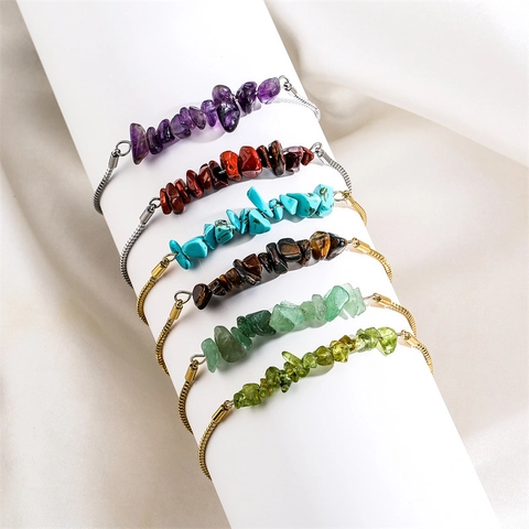 Natural Crushed Stone Bracelet Stainless Steel Adjustable Bolo Slider Clasp Minimalist Jewelry Gift For Women