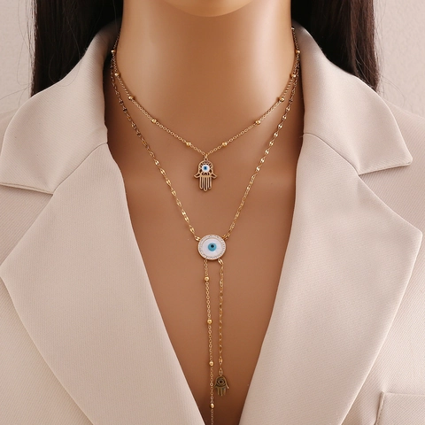 Dubbele Laag Roestvrijstalen Ketting Vlinder Bloem Boze Oog Hamsa Hand Levensboom Hanger Trendy Sieraden Voor Dames